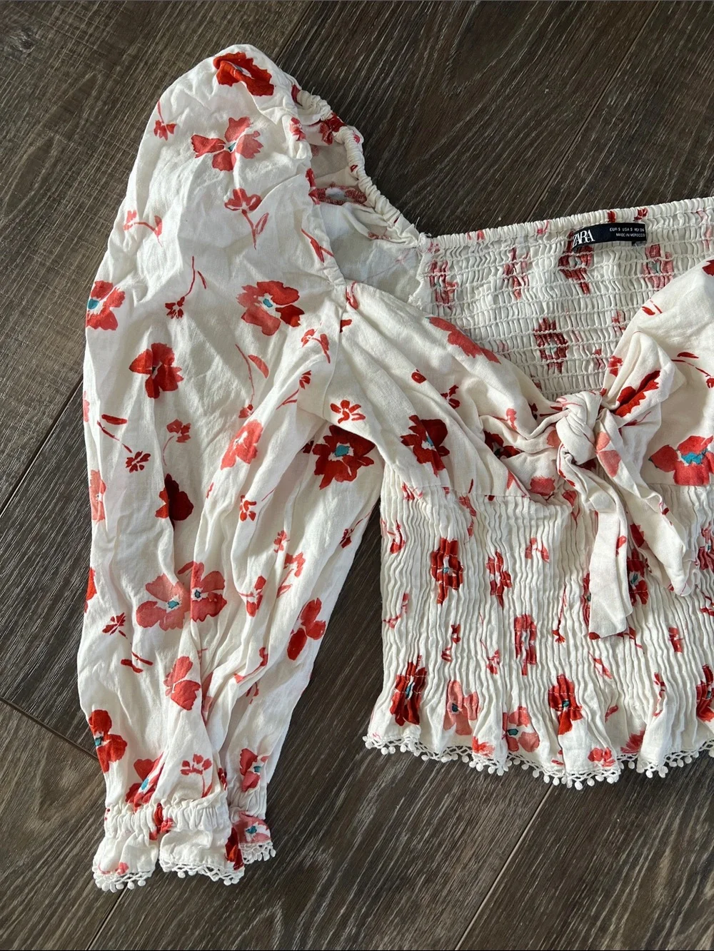 Zara White Floral Smocked Puff-Sleeve Tie-Front Top